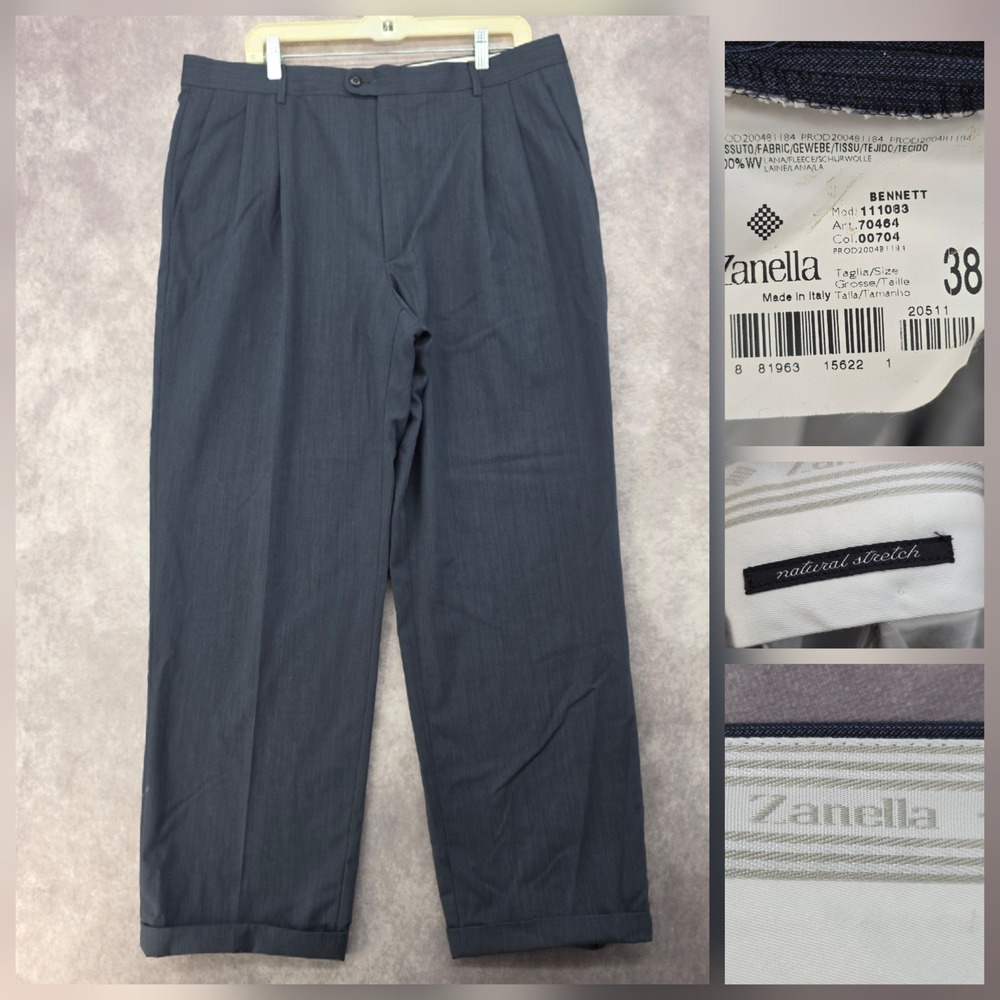 Zanella Mens 38x31 Pleated Dress Pants Charcoal Gray Natural Stretch Cuffed
